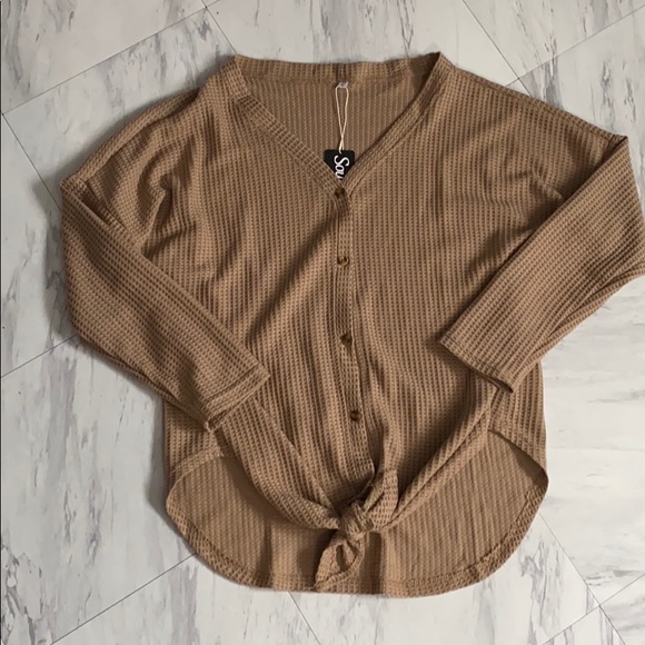 Tops - Tan Waffle Tie Front Shirt